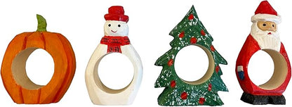 Set of 4 Hand-Carved Wooden Holiday Napkin Rings – Christmas Tree, Santa, Pumpkin, Snowman Design