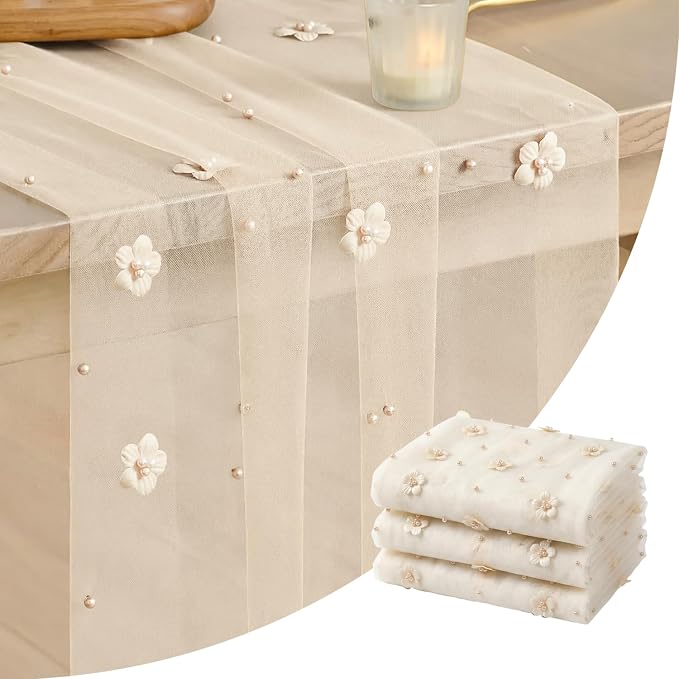 Artoid Mode Flower Pearl Champagne Gauze Table Runner 10FT 3PC, Seasonal Sheer by ArtoidMode