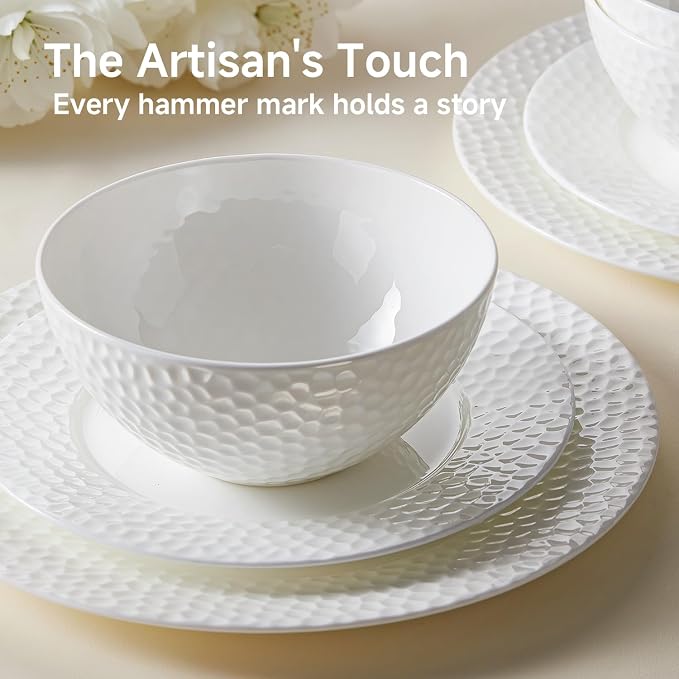 12Pcs Hammered Rim White Bone China Set, Service - Image 3