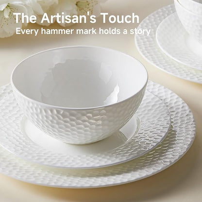 12Pcs Hammered Rim White Bone China Set, Service - Image 3