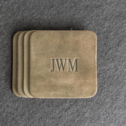Ox & Pine Personalized Leather Coaster - Sold Individually or in Sets of 4 - Customize Inscription - 100% Full-Grain Leather – 4" Round or 4" Square (Square, Stone Natural, Set of 4 Coasters)