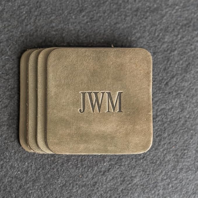 Ox & Pine Personalized Leather Coaster - Sold Individually or in Sets of 4 - Customize Inscription - 100% Full-Grain Leather – 4" Round or 4" Square (Square, Black, Set of 4 Coasters)