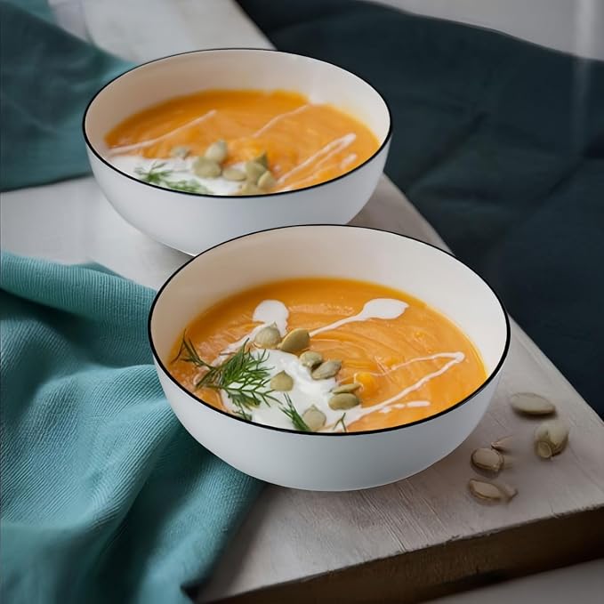 40 oz Large Soup Bowl, Pho Bowls, 7-Inch Rimmed Off-White Porcelain Bowls Set - Image 4