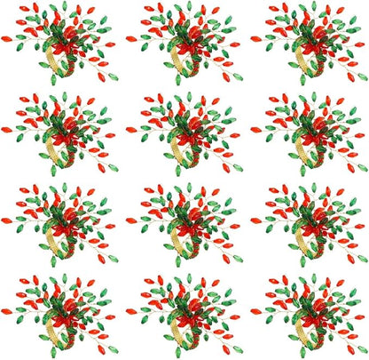 Handcrafted Beaded Napkin Rings Set of 12 – Red & Green Crystal Flower Design, Elegant Table Décor for Christmas, Weddings & Dinner Parties