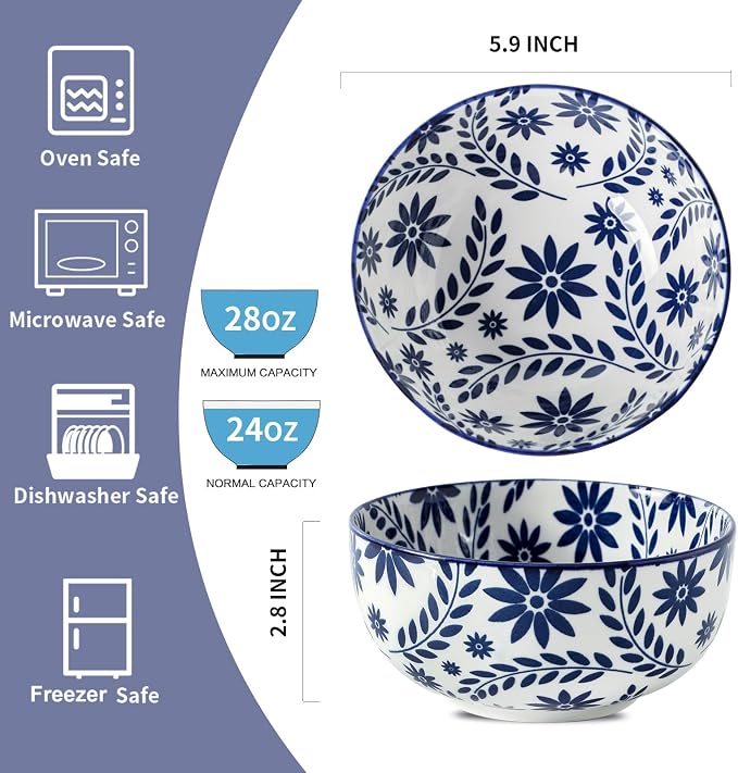 Cereal Bowls Set of 6, 28 Ounces Soup Bowls, Bohemian Ceramic Bowls - Image 2