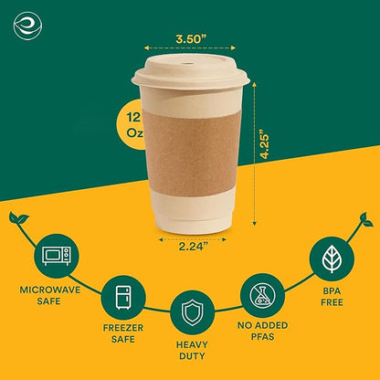 ECO SOUL 200 Pack 12 oz Disposable Coffee Cups with Lids & Sleeves Eco-Friendly, Biodegradable, Compostable, Leak-free & Sturdy To Go Hot Drink Cup for Tea, Chocolate Party Travel Cafe Office & Home