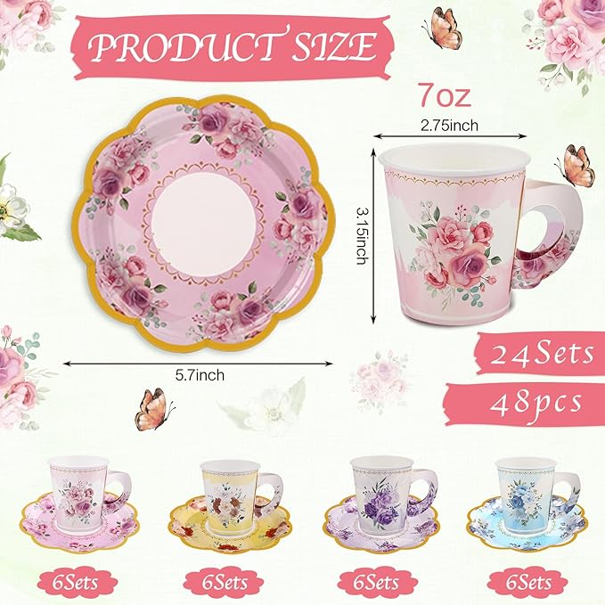 24 Sets Disposable Paper Tea Cups 7 OZ Floral Tea Party Cups | - Image 2
