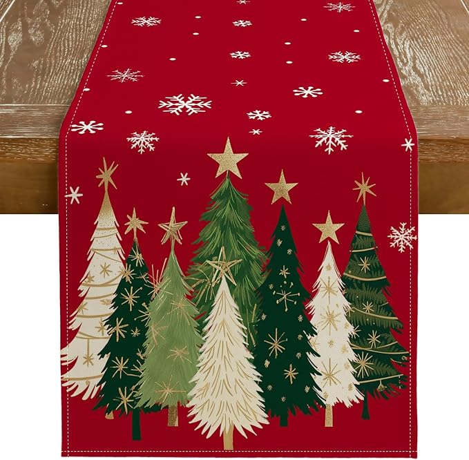 Christmas Table Runner 13x60 Inch, Xmas Trees Snowflakes Holiday Decorative by GEEORY