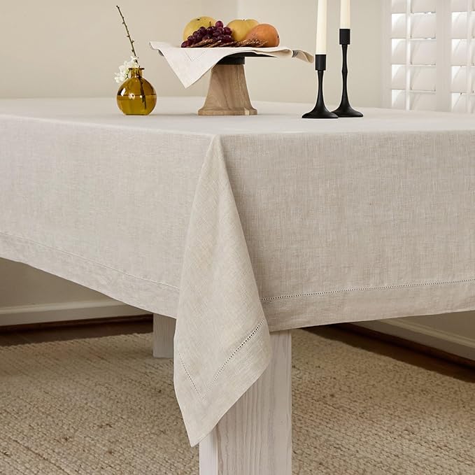 Solino Home Linen Light Natural Tablecloth 60 x 90 Inch - Classic Hemstitch, 100% Pure Linen Rectangular Tablecloth - Machine Washable Table Cloth for Spring, Easter