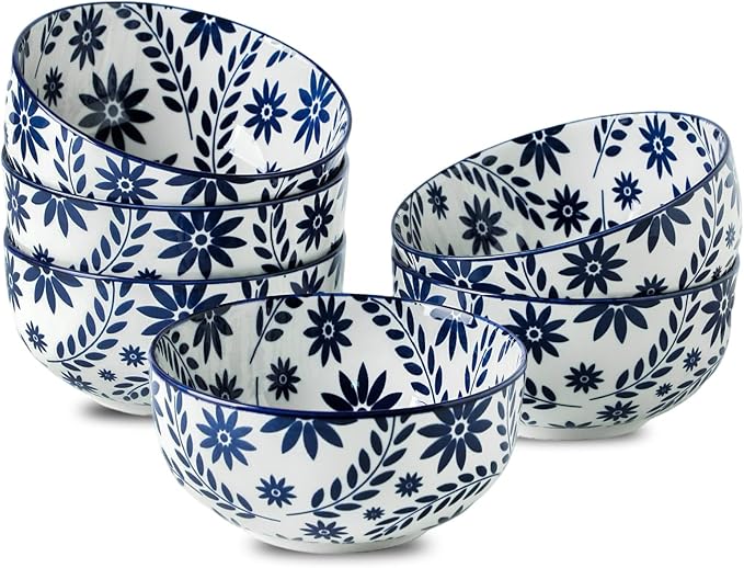 Cereal Bowls Set of 6, 28 Ounces Soup Bowls, Bohemian Ceramic Bowls by JINGUS