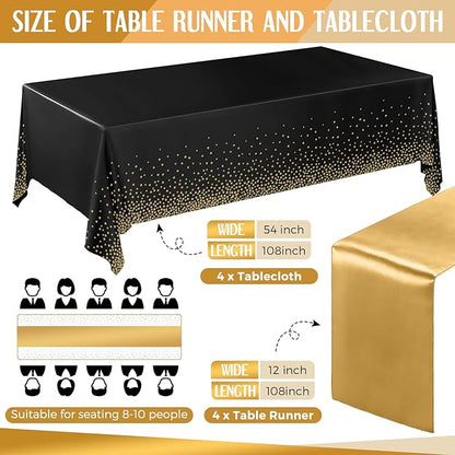 Breling 8 Pack New Year Black and Gold Disposable Plastic Tablecloths and Satin Table Runner Set, 54 x 108 Inch Tablecloth, 12 x 108 Inch Table Runners for Wedding Graduation Birthday Baby Shower