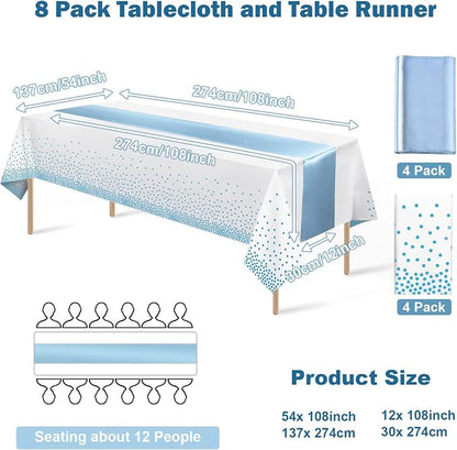 8Pack Disposable Plastic Tablecloths and Satin Table Runner Set White and Light - Image 2