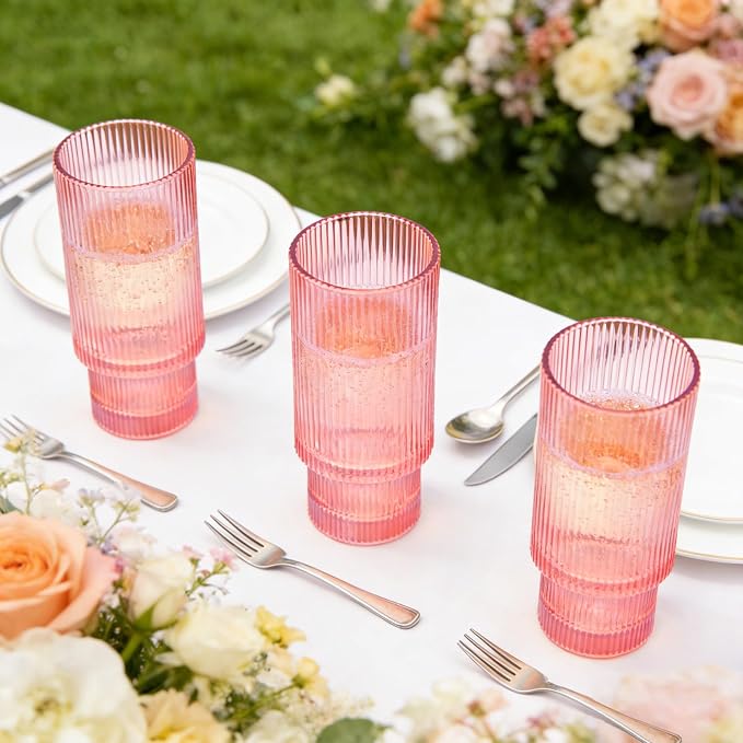 12 oz Ribbed Drinking Glasses Set of 12, Highball Glass Cups Ridged Glass - Image 5