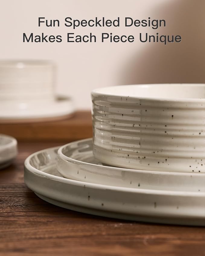 Stoneware Dinnerware Sets for 8, Reactive Glaze Plates & Bowls, Shell Beige | - Image 4
