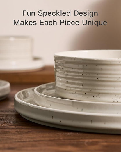 Stoneware Dinnerware Sets for 8, Reactive Glaze Plates & Bowls, Shell Beige | - Image 4