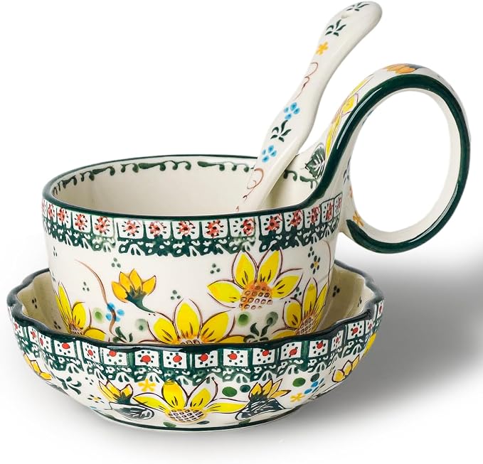 silesia Handmade Loop Handle Soup Bowl, Plate and Spoon Set Ceramic Hand by silesia