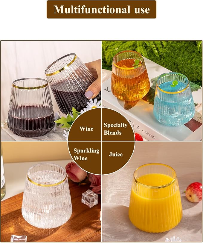 Goodluck 80 Pack 12oz Stemless Clear Ribbed Plastic Wine Glasses Gold Rim | - Image 5