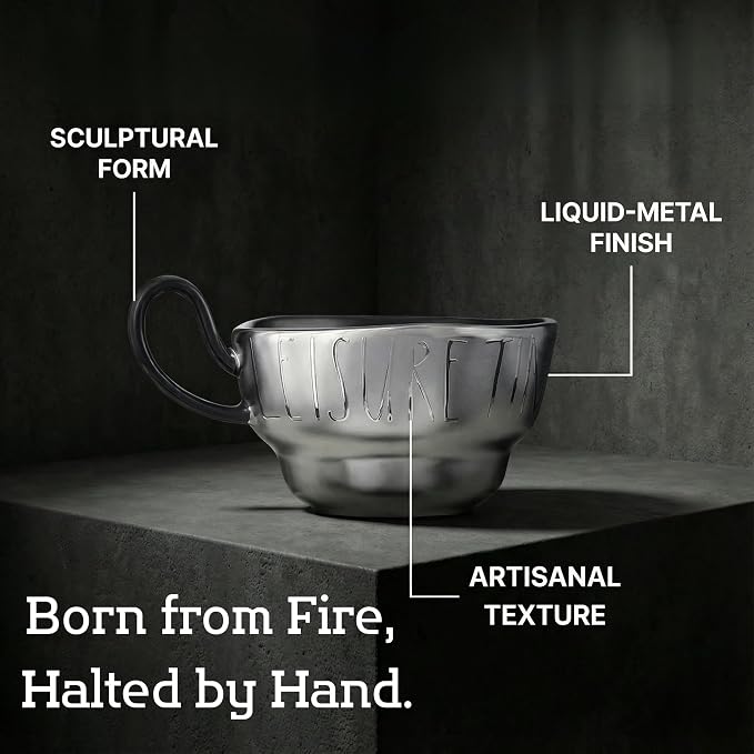 Volcanic Ash Titanium Finish Coffee Mug and Saucer Set | Modern Sculptural - Image 3