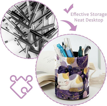 Leather Pen Holder for Desk, Space Cat Pencil Cup Pen Organizer Makeup Brush - Image 4