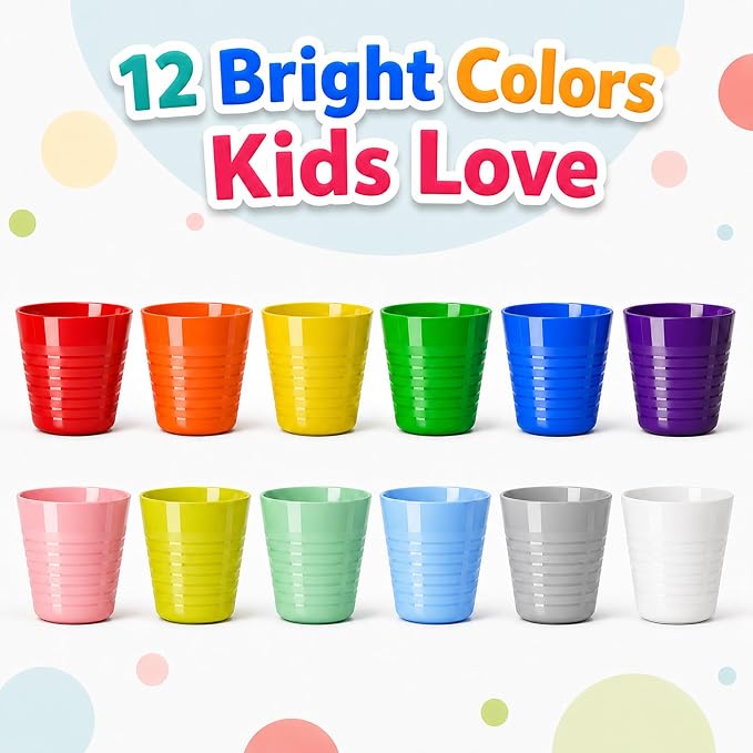 Set of 12 Kids Cups, 8 oz Unbreakable Toddler Cups, Mixes Colors | BPA free - Image 2