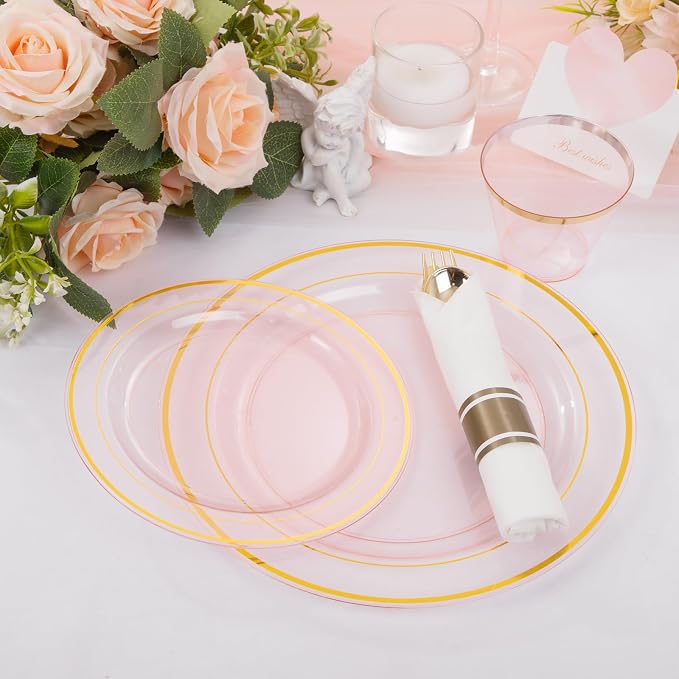 WELLIFE 350Pcs Clear-Pink Plastic Dinnerware- Pink and Gold Plastic Dinnerware - Image 7