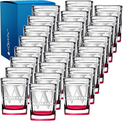 Personalized Square Shot Glasses Set of 25 Red Bottom 2oz Engraved Initial and Name Custom Gifts, Weddings, Birthdays, Party, Event, Decorations