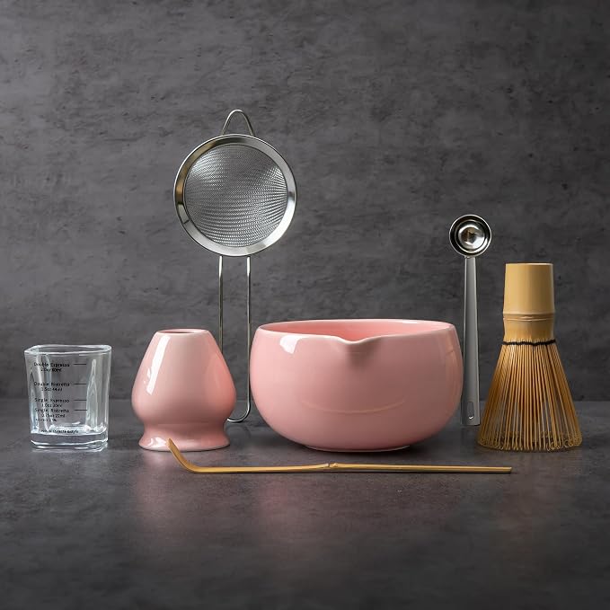YIBO Matcha Whisk Set Pink, Handcrafted Bamboo Chasen & Ceramic Bowl Matcha Kit by YIBO