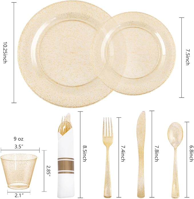 WELLIFE 210Pcs Gold Glitter Dinnerware Set, Include: 30Dinner Plates, 30Dessert - Image 2