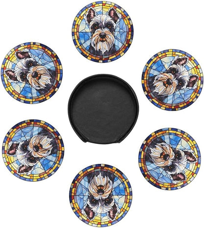 Drink Coaster Set of 6, Schnauzer Dog Mom Lover Gift,Leather Drink Coasters with Holder,6 Pack Cup/Bar/Drink Coasters for Table/Drinks/Coffee Protection Housewarming Gift