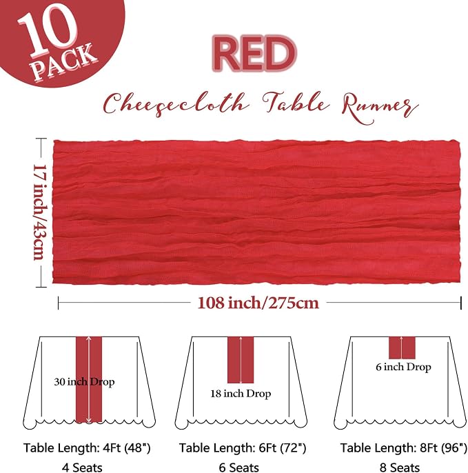 10 Pack 17 x 108 Inch Red Table Runner Cheesecloth | Gauze Cheese Cloth - Image 2