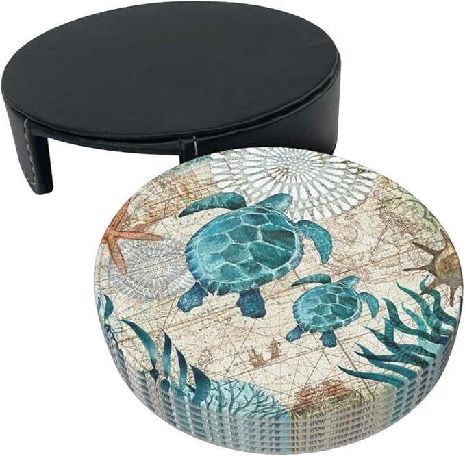 Drink Coasters with Holder Stand Set of 6, Sea Turtle Pu Leather Absorbent - Image 9