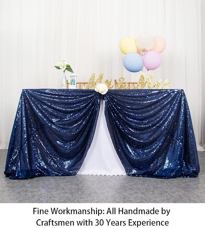 ShinyBeauty Sequin Tablecloth 60x102 Inches Navy Blue Cake Rectangle Tablecloth - Image 3
