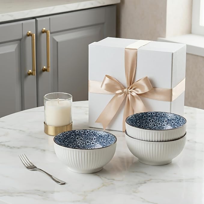 QINLANG Large Soup Bowls, Pho & Ramen Set of 3, 60 oz Blue & White Porcelain - Image 9