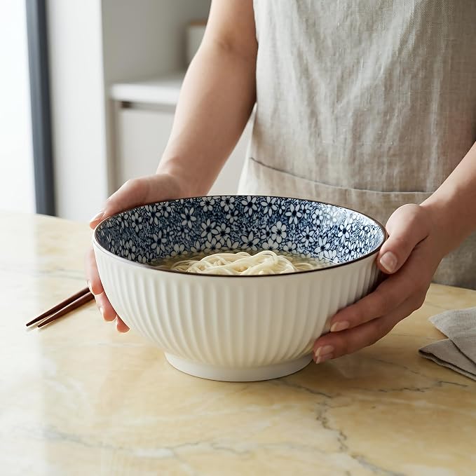 QINLANG Large Soup Bowls, Pho & Ramen Set of 3, 60 oz Blue & White Porcelain - Image 8