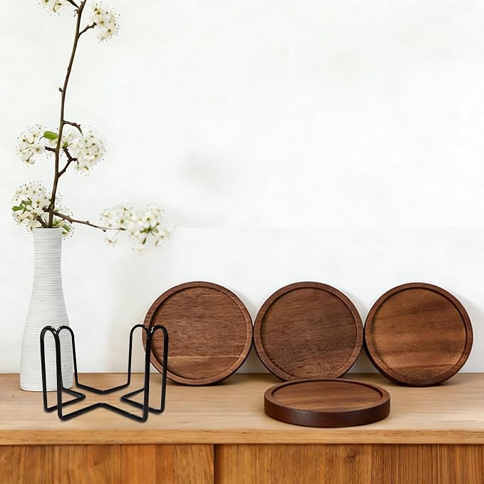 Wood Drink Coasters with Holder, Natural Absorbent Wooden Coasters - Image 4