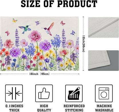 Giwawa Hummingbird Flower Placemats Set of 4, 12"x18" Watercolor Spring Herb Floral Table Mats, Wildflower Botanical Stain Resistant Washable Linen Place Mat for Kitchen Dining Party Decor