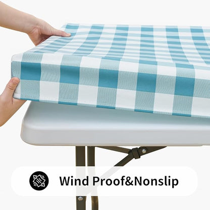 Smiry Rectangle Picnic Table Cloth, Elastic Waterproof Fitted Vinyl Tablecloths, Flannel Backed Buffalo Plaid Table Covers for Dining, Camping, Outdoor (White and Aqua, 36" x 60")
