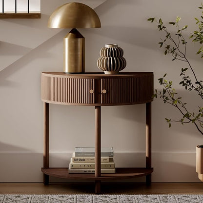 Fluted Half Moon Shaped Console Table - Small Entry Desk - Living Room Furniture - Modern Home Decor - Solid Wood Entryway Table with Two Doors and Brass Knobs (Walnut)