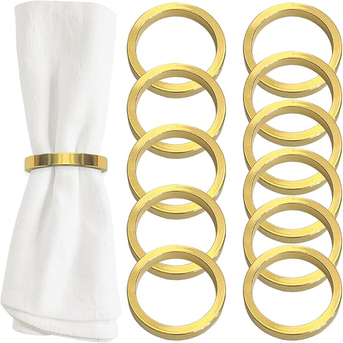 Shiny Gold Napkin Rings Set of 12, Zinc Alloy Circle Style, Modern Cuff Design by Homewear