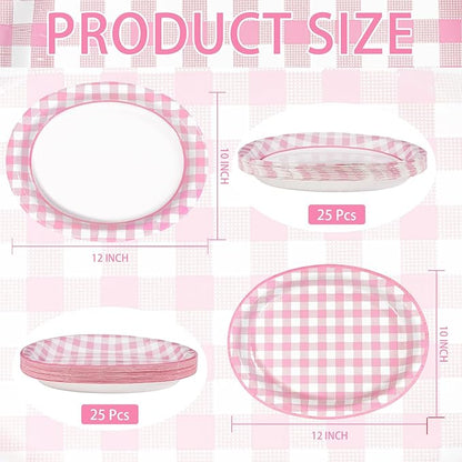 50Pcs Pink Gingham Oval Paper Plates 10" x 12" Large Disposable 400GSM Heavy DutyPink and White Buffalo Checked Plaid Dessert Plates for BBQ Picnic Birthday Summer Dinner Party Supplies Decorations