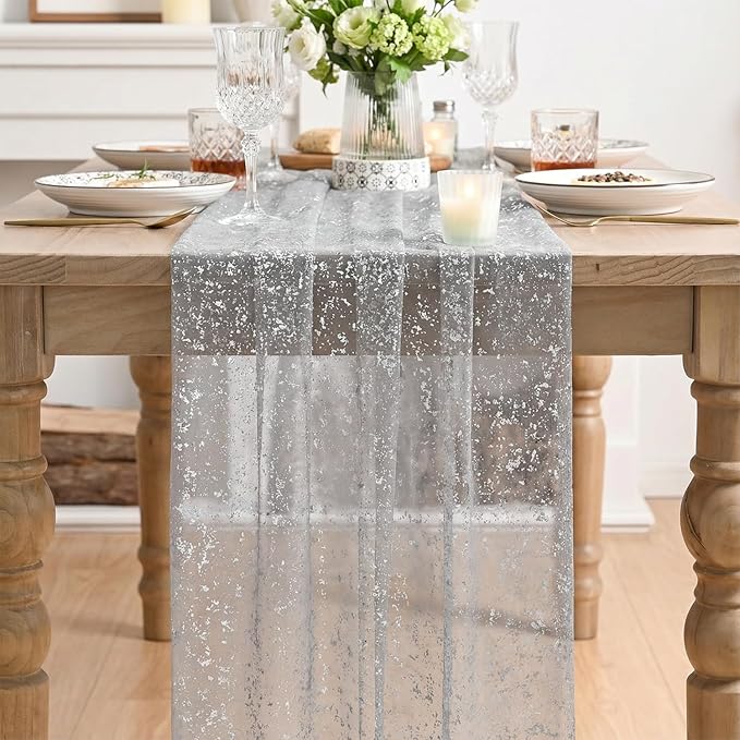 Artoid Mode Grey Gold Gauze Table Runner 120 Inch 10FT, Glitter Metallic Foil Sheer Dining Wedding Anniversary Holiday Birthday Table Decor for Home Party