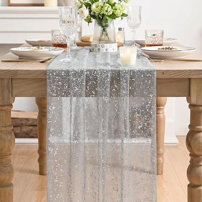 Artoid Mode Grey Gold Gauze Table Runner 120 Inch 10FT, Glitter Metallic Foil Sheer Dining Wedding Anniversary Holiday Birthday Table Decor for Home Party