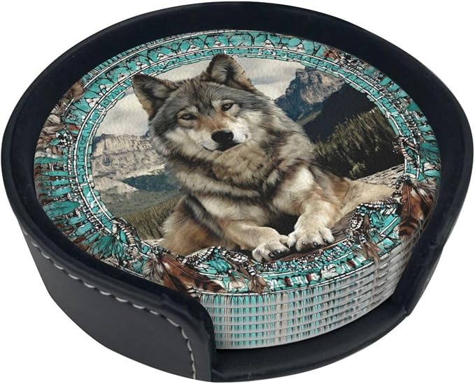 6 Pack Native American Wolf Turquoise Leather Coasters - Image 4