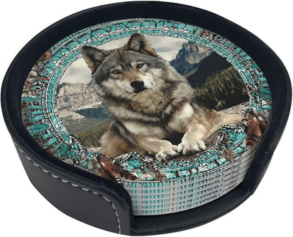 6 Pack Native American Wolf Turquoise Leather Coasters - Image 4