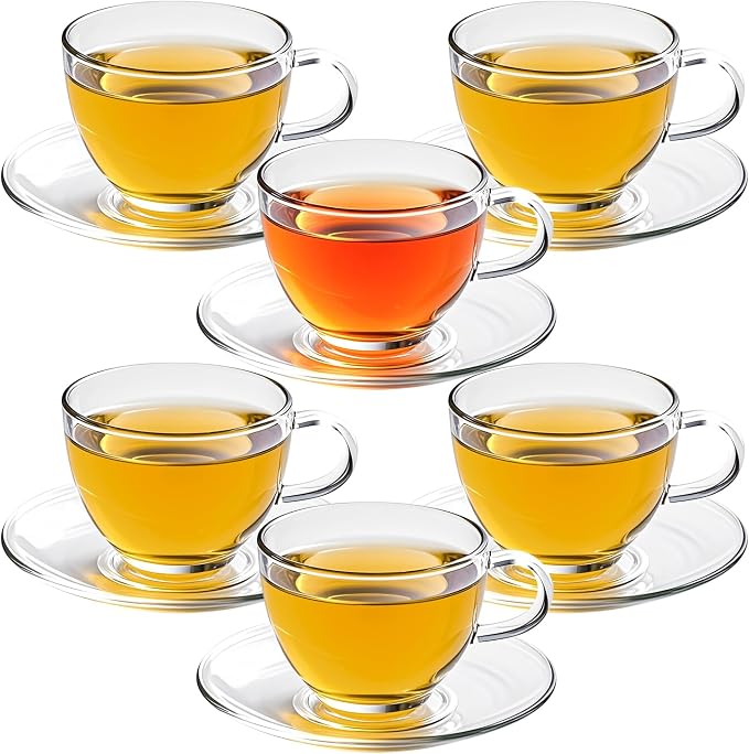7oz Glass Tea Cups and Saucers, 6 Pack Clear Teacup and Saucer Set, Glass Tea by PYVYLO