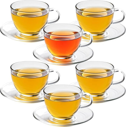 7oz Glass Tea Cups and Saucers, 6 Pack Clear Teacup and Saucer Set, Glass Tea by PYVYLO