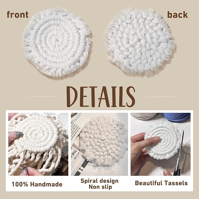 Coomin Car Coasters for Cup Holders, 3.8in 2p Beige | Absorbent Macrame Drink - Image 5