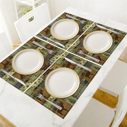 Rustic Bear Deer Placemats Wildlife Moose Forest Animal Cabin Lodge Lake Pine Heat-Resistant Linen Table Place Mats for Dining Kitchen Country Camp Style Farmhouse Decor 12x18 in 6 PCS