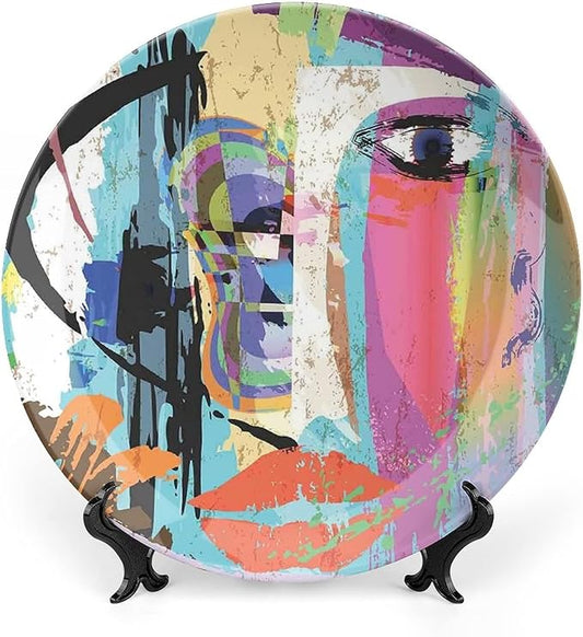 Ceramic Plates, Abstract Decorative Ceramic Plates, Woman Face Art Paint Strokes and Splashes Eye Red Lips Grungy, 10 Inch, Household Plates Decorative, Multicolor