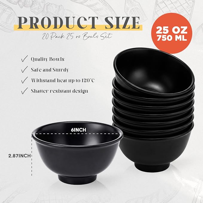Tioncy 20 Pack Melamine Bowl Set 25 oz Black Soup Bowls Set Basic All Purpose - Image 2